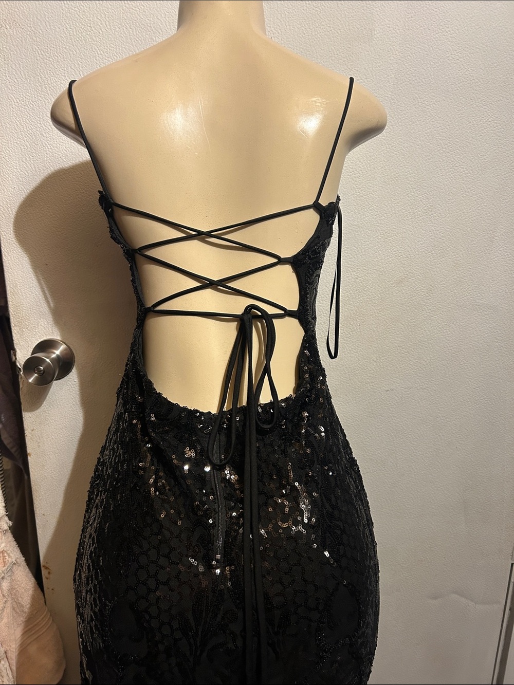 Black Strapless Sequin Evening Gown with Thigh Slit - Picture 9 of 14